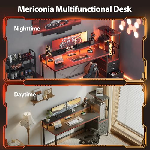Mericonia 60 inch Gaming Desk with Drawers, Reversible Computer Desk, Black - color: Carbon Fiber, size: 60"