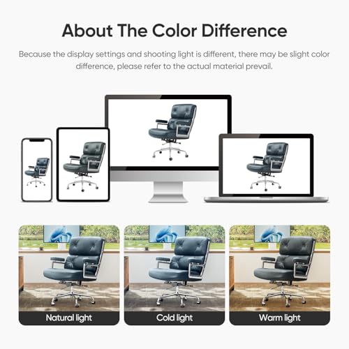 Genuine Leather Office Chair, Mid Back Executive Desk Chairs with Aluminum Arms and Wheels, Swivel Office Leather Chair with Thickened Backrest and Ergonomic Lumbar Support, Dark Blue - color: Dark Blue