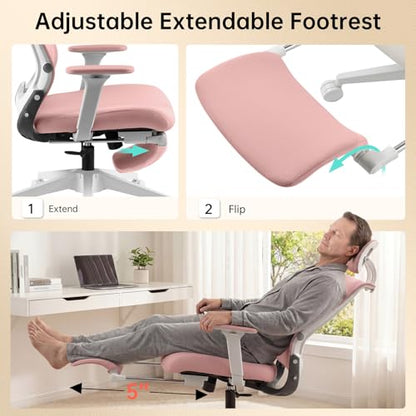 Ergonomic Foldable Office Chair with Footrest and Lumbar Support, Pink | Compact desk chair with space-saving folding design, 2D headrest, 2D armrests, computer cahirs for home office - color: Pink