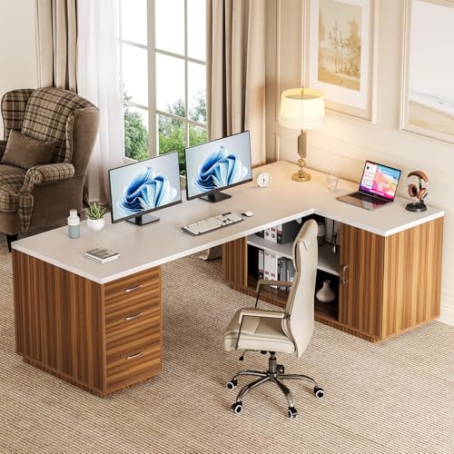 LITTLE TREE 87-Inch Modern Executive Desk with File Cabinet, Large Home Office Desk with Drawers, 3-Drawer Wooden File Cabinet, Spacious Workstation for Home Office (White & Brown) - color: White and Brown