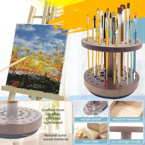 360° Rotating Hardwood Paint Brush Holder, Artist Desktop Storage Organizer - color: brown（52 Holes）
