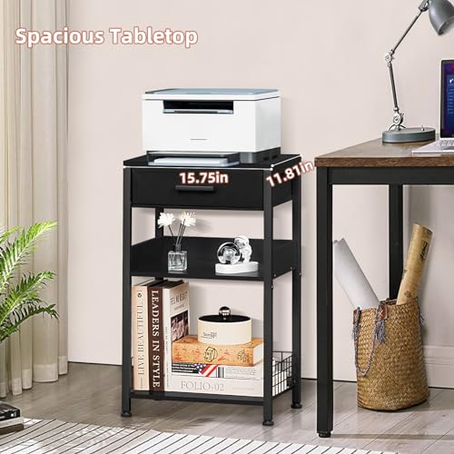 Lerliuo 3-Tier Printer Stand with Fabric Drawer and Shelves, Pure Black | Three-tier printer stand with fabric drawer and two shelves for paper, office supplies, scanners and fax machines - color: Pure Black