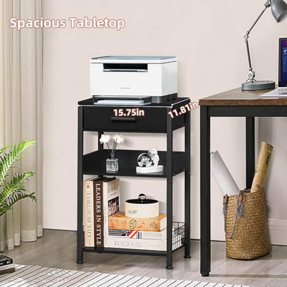 Lerliuo 3-Tier Printer Stand with Fabric Drawer and Shelves, Pure Black | Three-tier printer stand with fabric drawer and two shelves for paper, office supplies, scanners and fax machines - color: Pure Black
