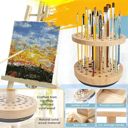 Rotating Paint Brush Holder, 360° Smooth Rot Hardwood Artist Organizer - color: Yellow（52 Holes）