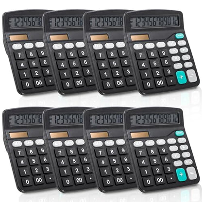 Noamus 8 Pack Desktop Calculator 12 Digit, Solar Battery Basic Calculators, Dual Power Electronic Calculators with Large LCD Display, Sensitive Button Handheld Calculator for Office Home School, Black