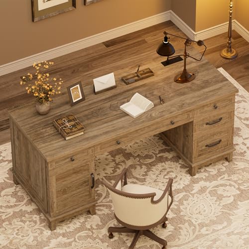 60" Traditional Home Office Desk with Power Outlets, Wooden Executive Desk with File Cabinet and Drawers, Farmhouse Wood Work Desk for Work, Study, Writing, Gray - color: Grey