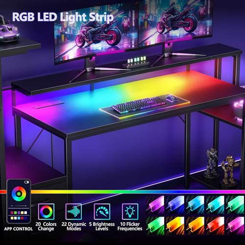 Korfile 55" Gaming Desk with Power Outlet, LED, Carbon Fiber Black Finish - size: 55 Inches