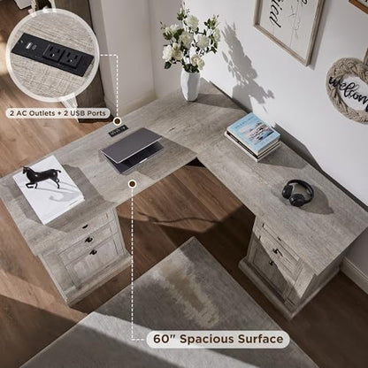 OKD 60" L Shaped Executive Desk, Farmhouse Desk with Drawers, Gray Oak - color: Light Rustic Oak