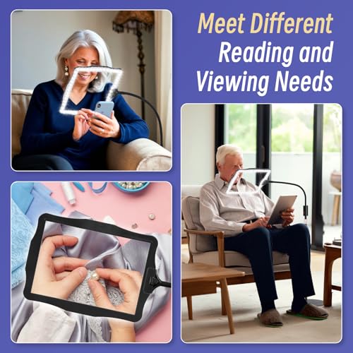 Large Floor Magnifying Glass with Light and Stand, 48-LED Lighted Adjustable Height Floor Magnifying Lamp with 360° Flexible Gooseneck, Hands Free Magnifier for Close Work Reading