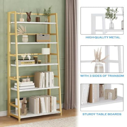 JSB 5 Tier Bookshelf, No Assembly Folding Ladder Bookshelf, 51.6in Tall Foldable Ladder Shelf, Bookcase for Home Office, Living Room,Space-Saving (White & Gold, 5 Tier) - color: White & Gold