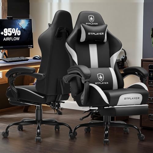 GTPLAYER Gaming Chair with Foot Rest & Pocket Spring Cushion, Ergonomic High Back Computer Chair with Headrest & 360°-Swivel Seat for Home Office Desk, PU Leather, White/Black - color: White-black, size: Faux Leather