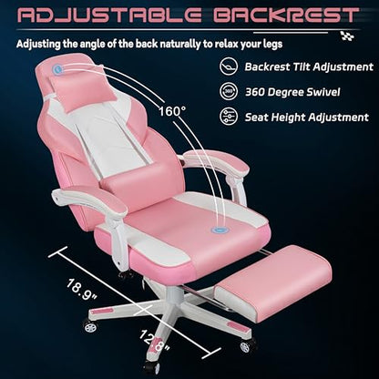 Big and Tall Gaming Chair for Adults, 330lbs Heavy Duty Computer Chair with Footrest & Massage Lumbar Support, Wide Seat High Back Reclining Desk Chair, 360° Swivel, Pink - color: Pink