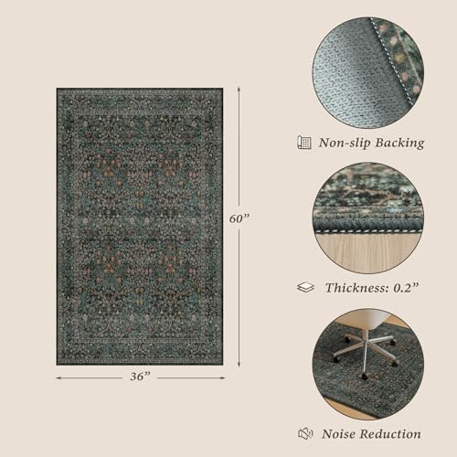 Dark Green 3x5 Office Chair Mat for Hardwood & Tile Floor, Under Desk Rug, Vintage Floral Floor Protector for Rolling Chairs, Office Oriental Low Pile Non Slip & Stain Resistant - color: Forest - Dark Green, size: 3' x 5'