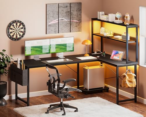 Casaottima L Shaped Gaming Desk with Hutch & Power Outlet & LED Lights