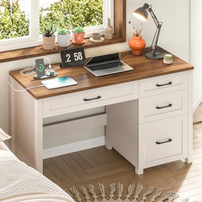 Farmhouse 47" Computer Desk, Executive Desk with File Drawer, Unique White - color: Unique White