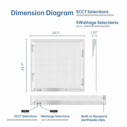36 Pack 2x2 LED Flat Panel Light for Drop Ceiling, 5200lm Selectable 20W/25W/30W/35W/40W, Color Temperature 3000K/3500K/4000K/5000K/6500K, 0-10V Dimmable, 120-277V, ETL - size: 2x2 FT LED - 36 PACK
