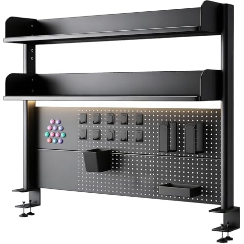 Clamp On Desk Pegboard Shelf - Metal Desktop Organizer Hutch with 2 Shelves | Storage and Display, Desk Add-On Shelf for Office, Dorm Room, Bedroom, Black, 23.6In - size: 23.6"