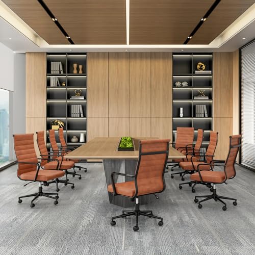 Okeysen Leather Office Desk Chair, Mid-Century Modern Leather Conference Room Chairs, Ergonomic Executive Ribbed Height Adjustable Swivel Rolling Chair for Home Office. - color: Brown