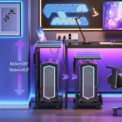 HOOBRO Computer Tower Stand with Charge Station and USB Port, 2-Tier PC CPU Holder Cart for Floor Carpet with Wheels, Adjustable Height, Rolling PC Printer Desktop Under Desk for Home Office,Black BB72UCJ01