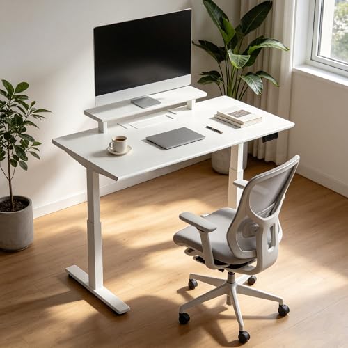 Electric Standing Desk 47.2" x 23.6", White Height Adjustable Sit Stand Desk with Ergonomic Monitor Riser, Dual Memory Presets, Cable Management Tray, Sturdy Scratch-Resistant Desktop for Home Office