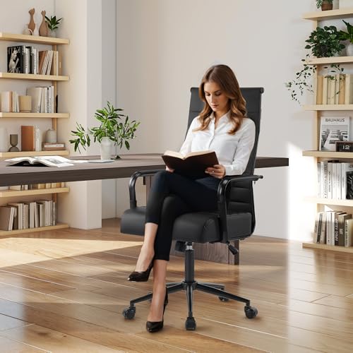 JOMEED Office Desk Chair,Conference Room Chair,High Back PU Leather Swivel | Modern Executive Ribbed Design, Ergonomic, Height Adjustable, Wheels and Arms, for Home Office(Black-Black Frame) - color: Black-black Frame