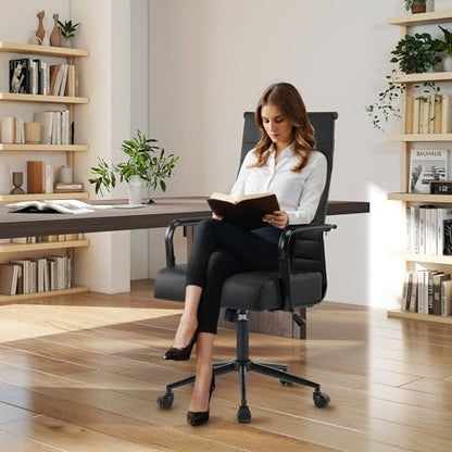 JOMEED Office Desk Chair,Conference Room Chair,High Back PU Leather Swivel | Modern Executive Ribbed Design, Ergonomic, Height Adjustable, Wheels and Arms, for Home Office(Black-Black Frame) - color: Black-black Frame