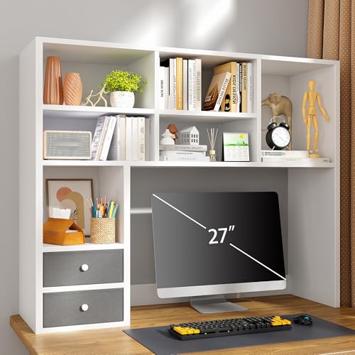 REIBII Desktop Bookshelf, 7 Shelves and 2 Drawers, Adjustable Shelf, White | Small Space Organizers, Anti-Tip for Secure Stability - color: White