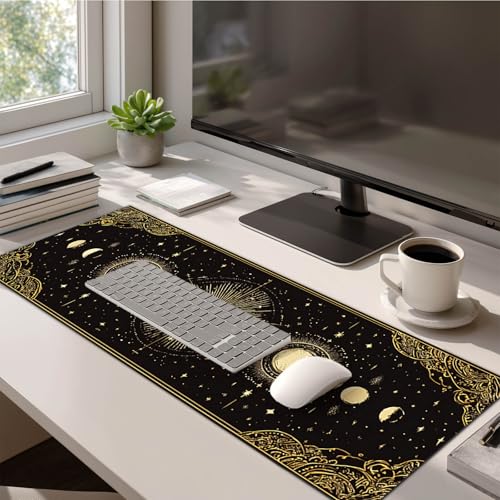 HOMETITUTE Large Mouse Pad 31.5x11.8 Inch Gaming Mousepad Golden Moon Phase Astrology Art Non-Slip Keyboard Desktop Protector Mat XL Mouse Pad for Home Office Laptop Wireless Mice Accessories - color: Golden Moon Phase Astrology Art