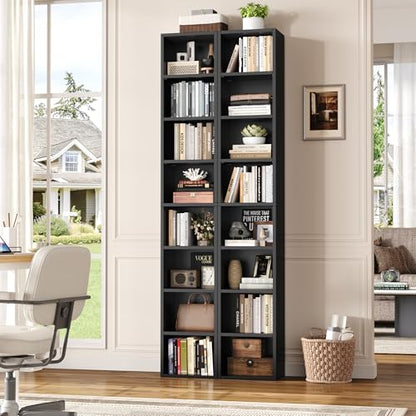 FOTOSOK Bookshelf Bookcase 8-Tier Narrow Bookshelf Tall CD Media Tower Rack | 11.6 X 9.3 X 70.9 Black Bookshelf, Tall Narrow Slim Skinny Display Bookcase with Cube Storage and 4 Adjustable Shelves - color: Black