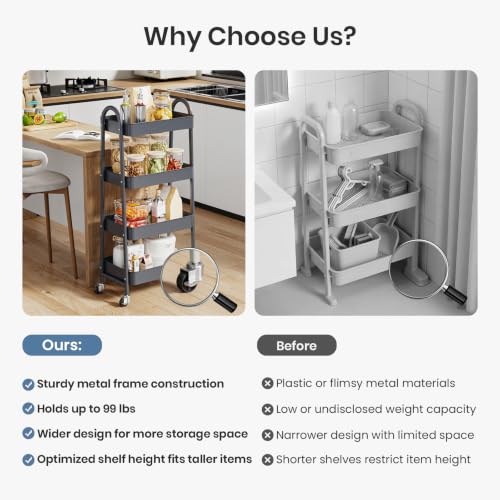 DUMOS 4 Tiers Rolling Utility Cart, Storage Organizer, Shelving Unit | Metal, Lockable Wheels, Mobile, Kitchen, Bathroom, Laundry, Narrow Places, Gray - color: 4-tier Deep Gray