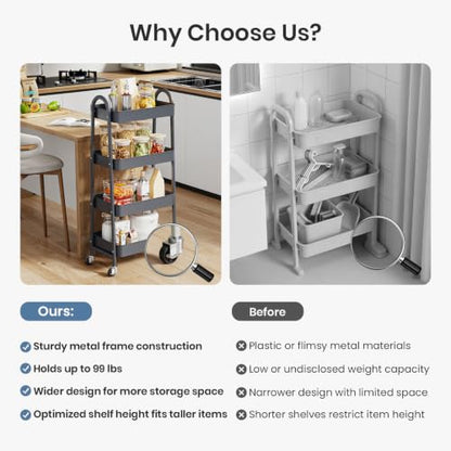 DUMOS 4 Tiers Rolling Utility Cart, Storage Organizer, Shelving Unit | Metal, Lockable Wheels, Mobile, Kitchen, Bathroom, Laundry, Narrow Places, Gray - color: 4-tier Deep Gray