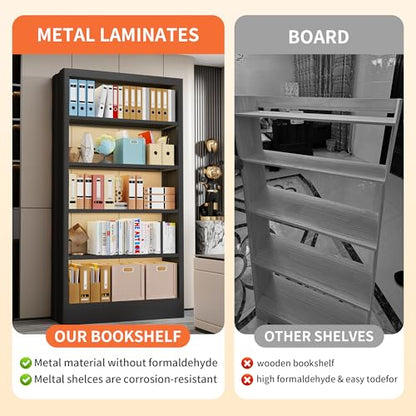 Heavy Duty Metal Bookshelf, 71” Tall 5-Tier Bookcase, Thickened 300LB Capacity Per Shelf, Adjustable Steel Shelves, Industrial Bookcase for Living Room, Home Office, Garage, Black - color: Black