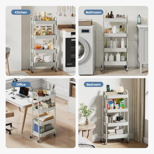 DUMOS 4 Tiers Rolling Utility Cart, Storage Organizer, Shelving Unit | Metal, Lockable Wheels, Mobile, Kitchen, Bathroom, Laundry, Narrow Places, White - color: 4-tier White