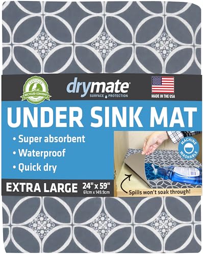 Drymate Premium XL Under Sink Mat, Waterproof Cabinet Protection Mats for Kitchen & Bathroom, Absorbent Shelf Liners, Slip-Resistant, Non-Adhesive, Machine Washable (USA Made)(24”x59”)(Indigo Grey) - color: Indigo Grey, size: 24"W x 59"L