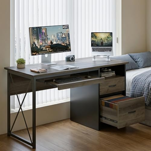 Bestier Office Desk with Drawers, 55 inch Industrial Computer Desk with Storage, Wood Teacher Desk with Keyboard Tray & File Drawer for Home Office, Dark Gray Oak - color: Dark Gray Oak