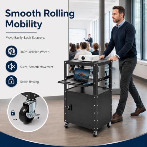 Height Adjustable Mobile AV Cart with Lockable Cabinet, Heavy Duty Rolling Presentation Workstation with Power Outlet & USB Ports, Pull-Out Laptop Tray for Office Classroom Home - size: 24x18x41.5in