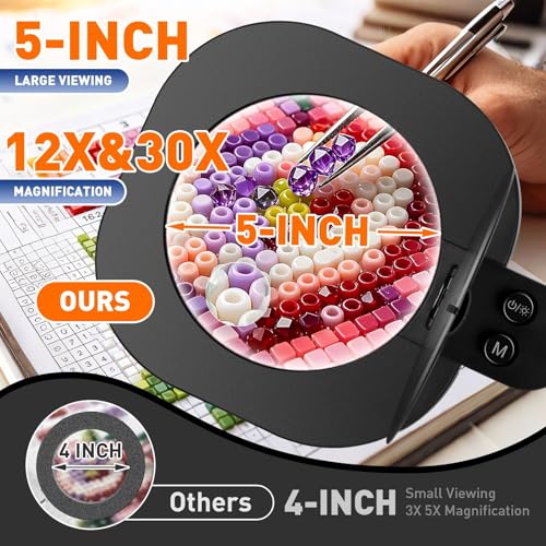 HITTI 30X 12X Long Magnifying Glass with Light and Clamp, 5-Inch Large Real Glass, 5 Color Modes, Stepless Dimmable, Hands Free LED Lighted Magnifier Stand for Workbench, Craft, Jewelry Making - size: 12X & 30X 5 Inch Large Glass