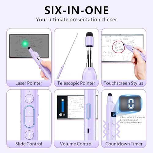 N21 Bluetooth Presentation Clicker for PowerPoint with Retractable Pointer | ①Laser Pointer②Telescopic touch pen③Countdown timer, vibration alert ④Customizable Button ⑤Rechargeable;battery level display - color: Purple - Green Pointer