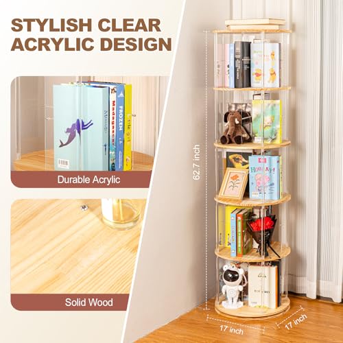 TAKEKIT 360° Rotating Bookshelf, 5-Tier Spinning Book Shelf Tower with Solid Wood & Clear Acrylic, Round Revolving Bookcase for Living Room, Bedroom and Office - color: Natural Round, size: 5-Tier