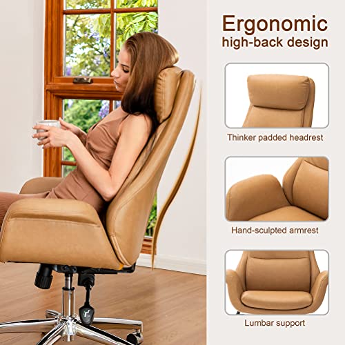 Glitzhome Adjustable High-Back Office Chair Executive Swivel Chair PU Leather Desk Chair, Camel - color: Camel
