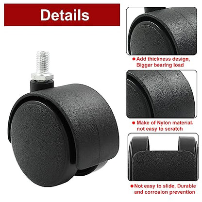 8 Pack 2 Inch Caster Wheel Replacement, M8 Threaded Stem Caster Wheels, Black Nylon Furniture Wheel for Cabinet, Shelf - style: 2 Inch without brake(8 Pack)