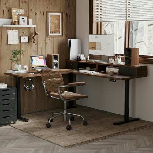 Agilestic 63 Inch L Shaped Electric Standing Desk with Drawer, Dark Walnut - color: Dark Walnut, size: 63x55.1 Inch Pro