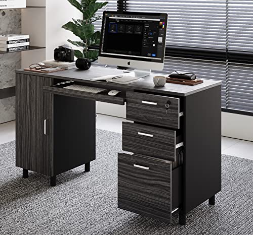Modern Designs Venice Computer Desk with Lockable Drawers, 53 Inch Home Office Desk with Storage Cabinet, Keyboard Tray & Cable Management, Modern Study Writing Desk for Small Spaces, Black and Grey - color: Black Grey
