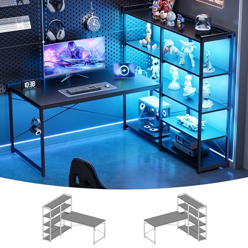 Pamray 49 Inch L Shaped Gaming Computer Desk with Shelves and Storage | Compact Reversible Design with LED Lights & Power Outlets, Suitable for Home Office Bedroom Small Spaces and Dorm Study Work - color: Black