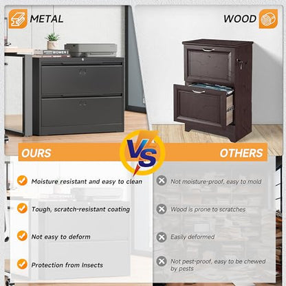 Bestoo 2 Drawer File Cabinet, Metal Lateral Filing Cabinet with Lock - color: Black, size: 2 Drawer 15.7" D x 35.4" W x 28" H