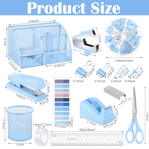 11 In 1 Blue Desk Organizer And Accessories, Light Blue Office Supplies Include Stapler, Tape Dispenser, Pen Holder, Staple Remover, Clips, Ruler, Scissors, Tapes, Tabs - color: Blue
