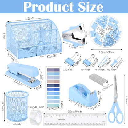 11 In 1 Blue Desk Organizer And Accessories, Light Blue Office Supplies Include Stapler, Tape Dispenser, Pen Holder, Staple Remover, Clips, Ruler, Scissors, Tapes, Tabs - color: Blue