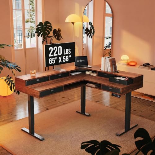HUANUO 65" L Shaped Standing Desk with 6 Drawers and 2-Tier Storage, Walnut | 220lbs Carbon Steel,4 Memory Presets, 27.6"-46.5" Adjustable Height,corner workstation,cable tray, grommets - color: Walnut, size: 6 Drawers