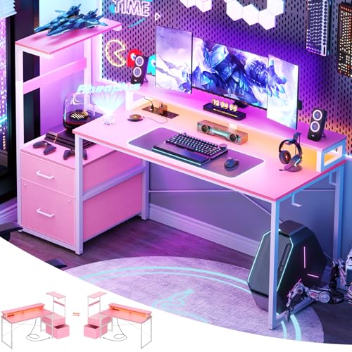 Aheaplus Gaming Desk with LED Strip & Power Outlet, 59Inch Reversible Computer Desk with Monitor Stand & Storage Shelves, Home Office Desks with Fabric File Drawer, Gamer Table PC Desk, Pink - color: Pink