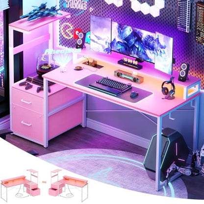 Aheaplus Gaming Desk with LED Strip & Power Outlet, 59Inch Reversible Computer Desk with Monitor Stand & Storage Shelves, Home Office Desks with Fabric File Drawer, Gamer Table PC Desk, Pink - color: Pink